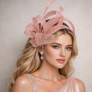 KY Derby Oaks Pink Sinamay Fascinator Headband Feathers + Veil Netting